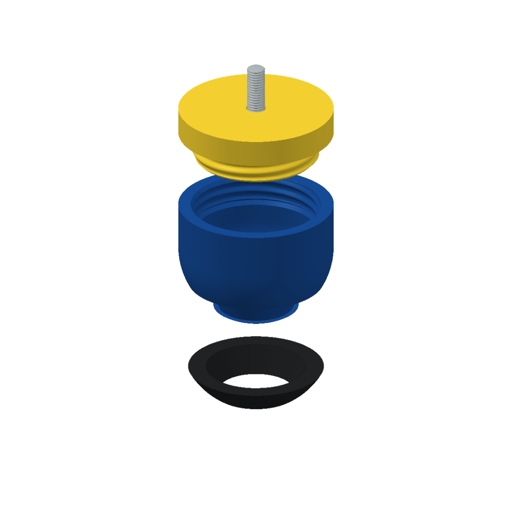 A yellow Catjax Foot Cuff, blue Foot Base, and black Traction Ring shown apart