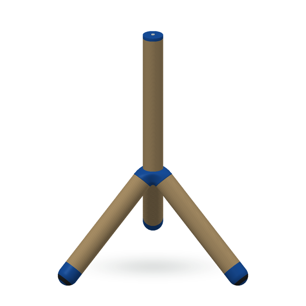 Catjax stand with a blue Core, Foot Cuffs, Foot Bases, and Cap, natural tan sisal posts, and black Traction Rings